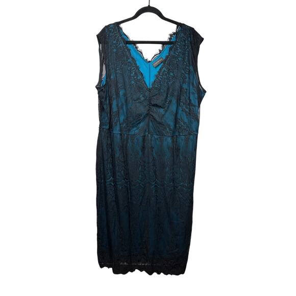 Lane Bryant Teal Blue with Black Lace Overlay Belted Sleeveless Dress Size 28 - Picture 1 of 13